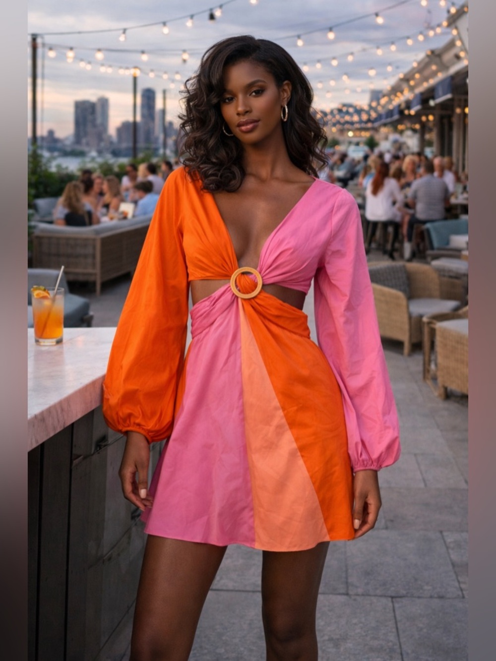 STAUD Pink and Orange Colorblock Mini Dress with Ring Detail